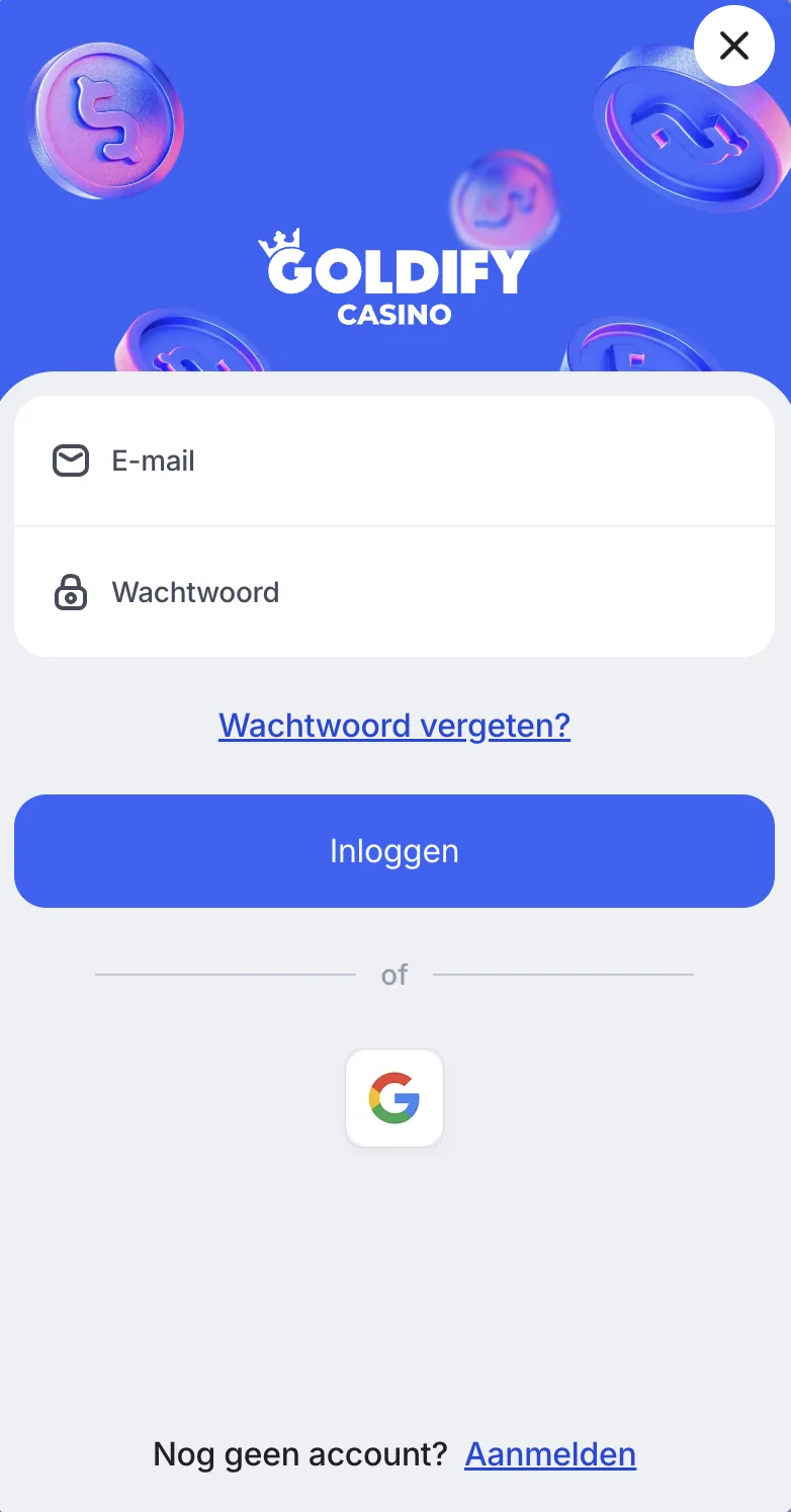 Inlogvenster van Goldify Casino met e-mail, wachtwoord en inloggen via Google
